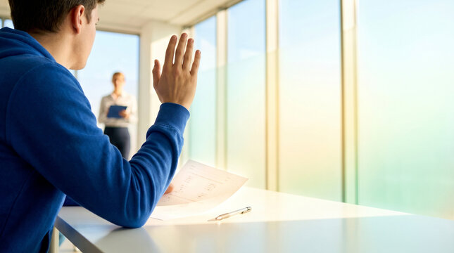 Young man raising hand to ask a question during a classroom session  