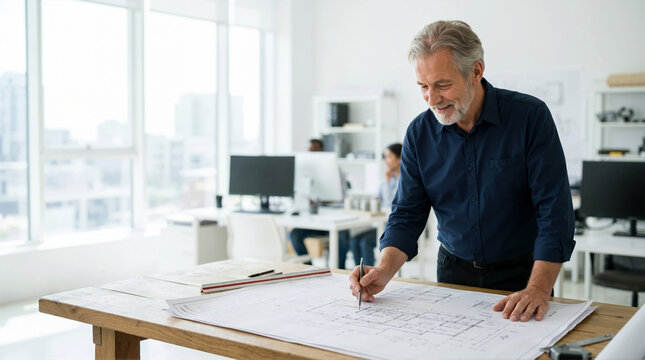 Senior architect drawing on blueprint in modern office. Smiling elderly engineer working on construction plans at wooden table