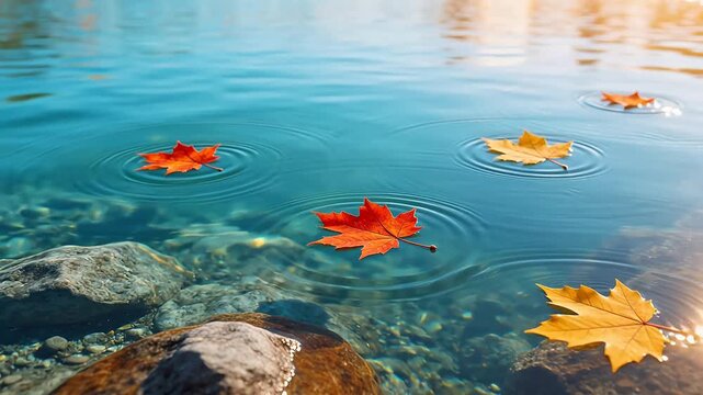 Autumn leaves floating on water