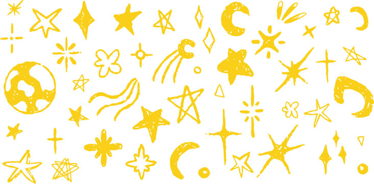 Yellow celestial vector elements stars moons planets and cosmic shapes