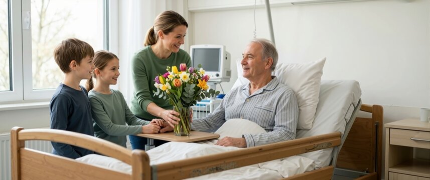 Family visiting grandfather in hospital with bouquet of flowers. Happy senior man in bed receiving visitors in clinic ward