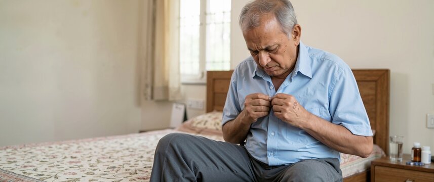 Senior man struggling to button shirt in bedroom. Elderly male having difficulty dressing due to arthritis or Parkinson disease. Geriatric health challenge concept
