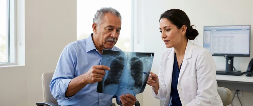 Female doctor explaining chest X-ray to elderly male patient. Medical consultation for lung disease in a clinic. Healthcare and diagnosis concept