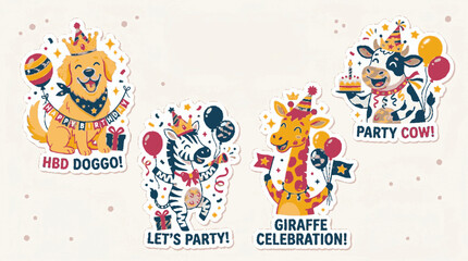 Fototapeta premium Cute cartoon birthday animals sticker pack with happy dog zebra giraffe