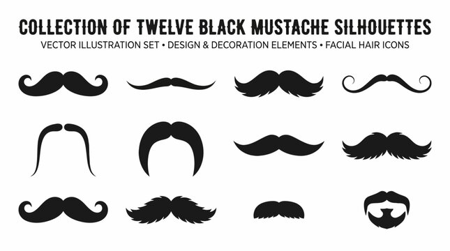 A collection of twelve black mustache silhouettes is presented in a vector illustration set for design and decoration elements featuring facial hair icons.