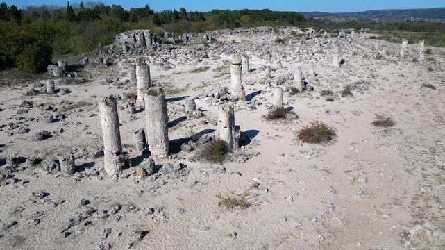 Drone flying over the stunning Pobiti Kamani, also known as the Stone Forest. This natural landmark is a unique desert like rock formation