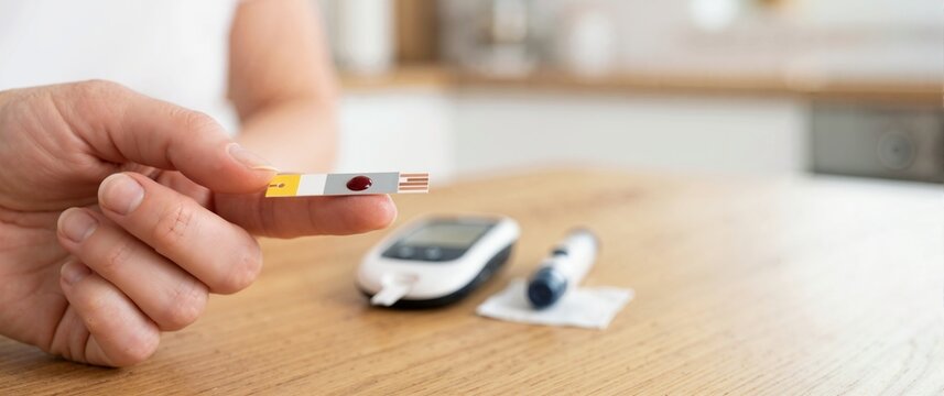 Close up of hand holding blood glucose test strip. Diabetes monitoring with glucometer on wooden table. Blood sugar testing concept