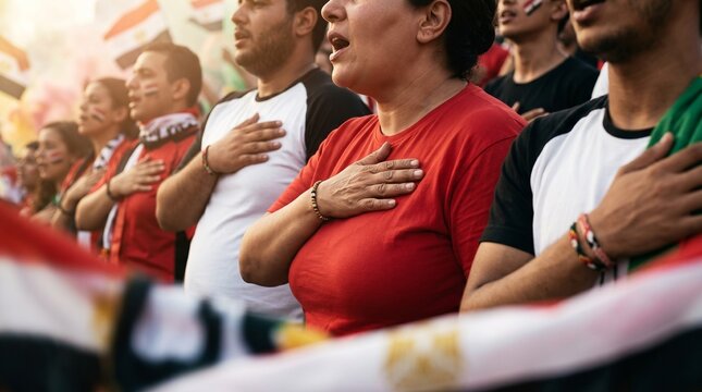 Pessoas cantando o hino nacional com a m&atilde;o no peito
