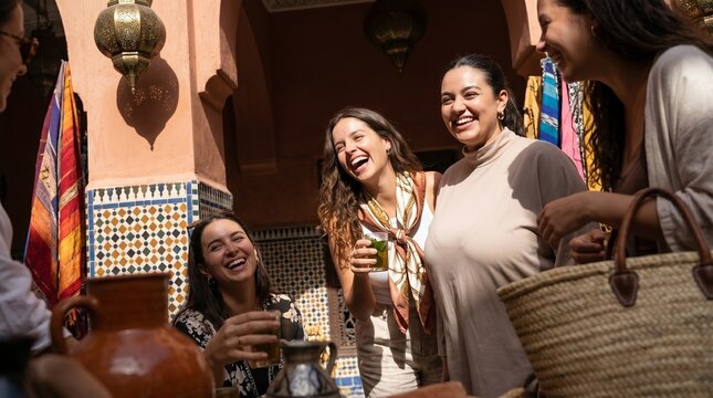 Mulheres rindo e bebendo em um p&aacute;tio marroquino com decora&ccedil;&atilde;o tradicional