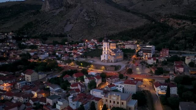 Mostar, Bosnia and Herzegovina &ndash; June 7, 2026: Evening aerial view of the Serbian Orthodox Cathedral of the Holy Trinity in Mostar