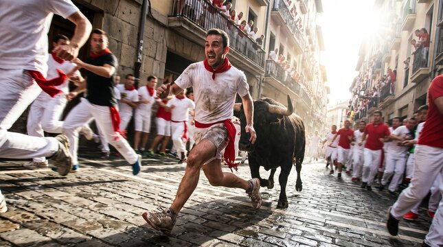 Tradicional encierro de toros en Pamplona durante las fiestas de San Ferm&iacute;n. Corredores y toro bravo en las calles de Espa&ntilde;a.