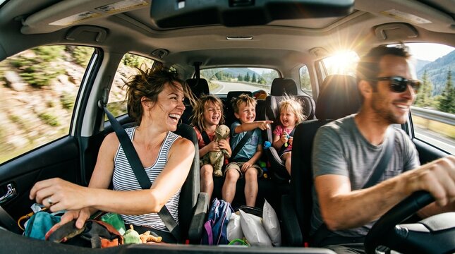 F&eacute;rias em fam&iacute;lia: a divertida e ca&oacute;tica viagem de carro com pais felizes e crian&ccedil;as euf&oacute;ricas no banco de tr&aacute;s,