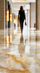 Fototapeta premium Businesswoman walking through a luxurious hotel or office corridor with a marble floor, showing successful corporate professional on a significant journey