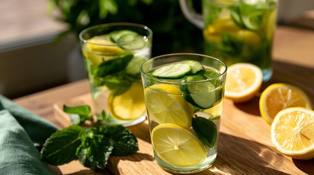 Refreshing glasses of water and lemon slices rest on a wooden surface with lush green foliage evoking a sense of natural hyd n and wellness