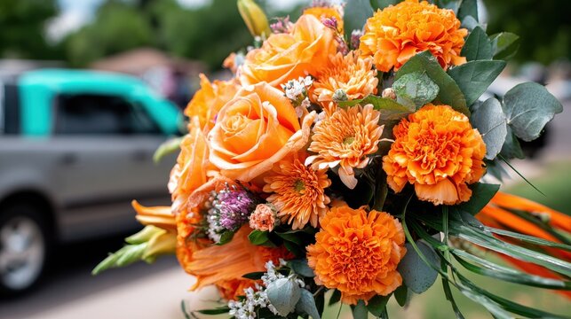 Orange floral bouquet with blurred hearse in the background. Funeral procession and memorial service. Sympathy flowers for outdoor burial ceremony