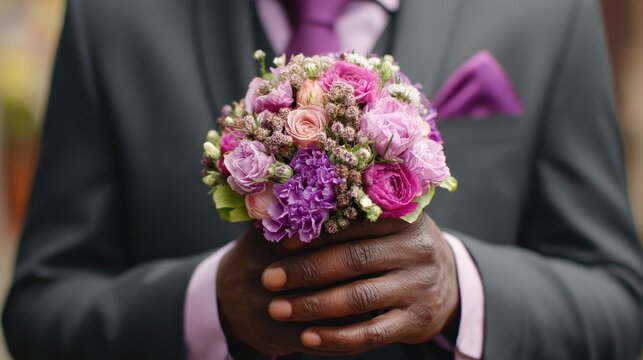 Close up of a man in a suit holding a small purple bouquet. Hands of a person at a funeral service. Sympathy and condolence concept