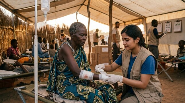 Profissional de sa&uacute;de auxilia paciente em tenda de atendimento