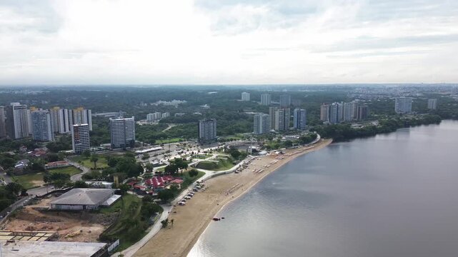 Panoramic Aerial View of Ponta Negra Waterfront and Rio Negro in Manaus, Brazil