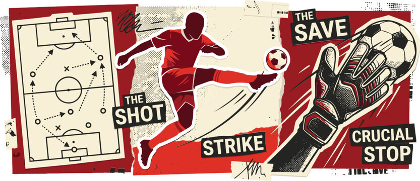 Vintage soccer sports collage with player strike and goalkeeper save, retro football tactics board and action shots, red and beige athletic vector