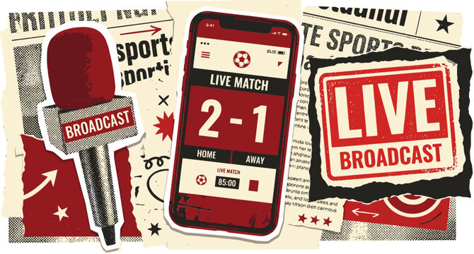 Vintage sports broadcast collage with live match smartphone app, retro newspaper background, red microphone and soccer score vector