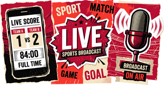 Vintage sports broadcast posters with live score mobile app, retro microphone for radio commentary, grunge athletic media banners for game day