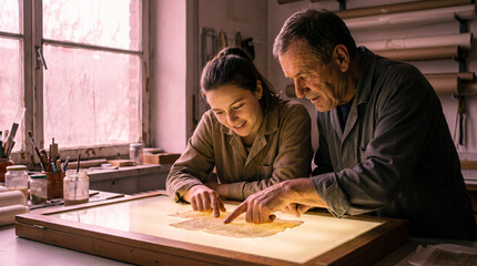 Fototapeta premium Paper conservators examining old document on light table