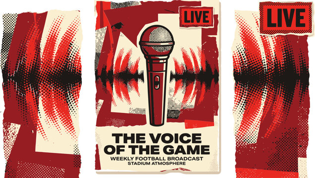Retro podcast poster with microphone and sound waves, vintage football broadcast flyer, red and black grunge live stream background