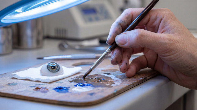 Ocularist creating prosthetic eye painting iris details
