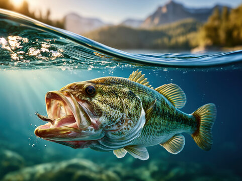 Split-level over under water photography of a largemouth bass striking a fishing lure in a clear mountain lake created with Generative AI Technology, ai, generative