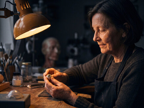 Woman creating realistic prosthetic eye in workshop