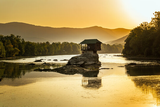 Small house on a stone on Drina river, near the Bajina Basta in Serbia