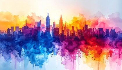 Obraz premium カラフルな水彩画風のタッチで鮮やかに描かれたニューヨークの美しい都市景観のイラスト