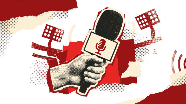 Vintage sports journalism vector illustration, retro hand holding microphone at stadium, broadcast news and media reporting concept