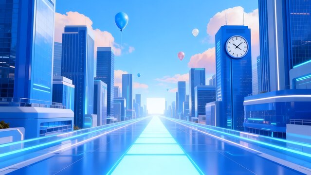 Futuristic cityscape with glowing road