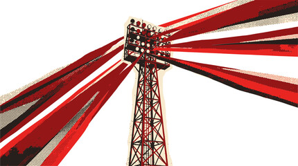 Retro stadium floodlight tower with red light beams, vintage sports arena lighting vector, dramatic athletic field spotlight illustration © 成 sнıηяα тєηsєı ツ
