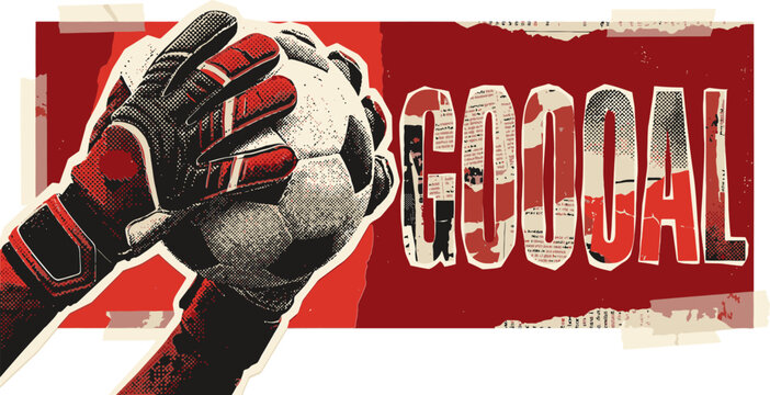 Vintage soccer goalie hands catching ball, retro football goal celebration poster, grunge sports illustration with red and black halftone textures