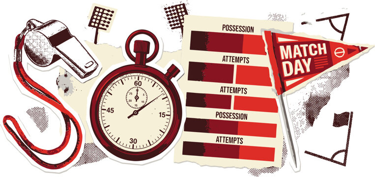 Vintage soccer match day collage, retro football sports equipment with stopwatch and whistle, athletic competition statistics vector illustration