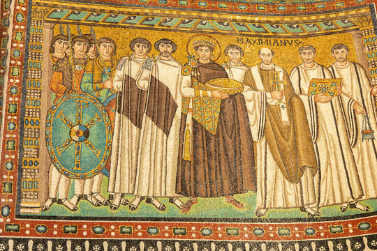 Basilica of San Vitale mosaics with Emperor Justinian. Ravenna, Emilia-Romagna, Italy.