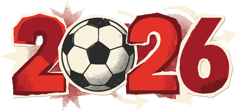 Vintage 2026 soccer championship logo, retro red typography with soccer ball, sports tournament vector illustration for world cup events