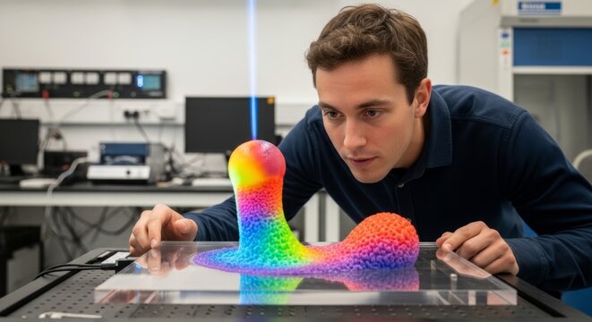 Focused researcher examines dynamic, rainbow-colored programmable matter transforming in a modern laboratory setting