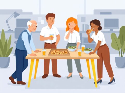 Diverse office colleagues having a lunch break together, eating pizza and salad in the workplace, flat vector illustration