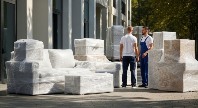 Movers carefully wrapping furniture in bubble wrap outside modern apartment building for relocation