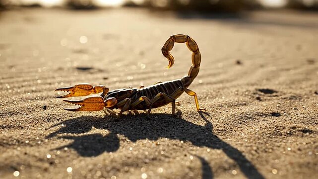 A Scorpion Stands On Pale Sand Casting A Long Dramatic Shadow In A Natural Desert Landscape