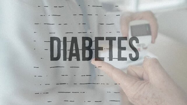 Doctor testing patient's blood sugar with a glucometer overlaid with the word DIABETES and digital glitch effects. Healthcare concept.