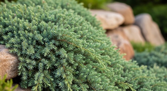 Dense silver-green juniper shrub cascading over rocks in a garden, textured evergreen ground cover for natural landscaping design