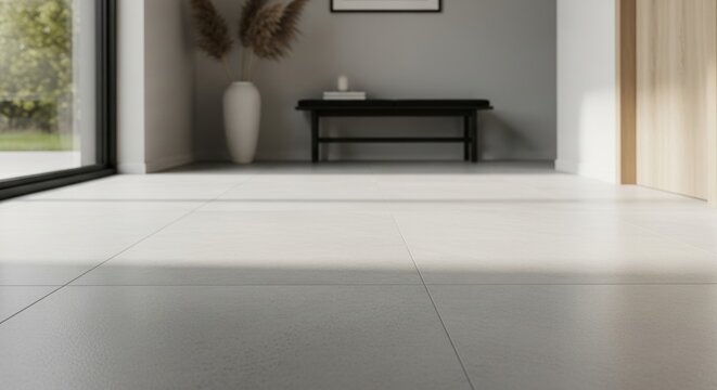Close-up of light gray large-format porcelain tiles in a modern minimalist home entrance, showcasing subtle texture and natural light.