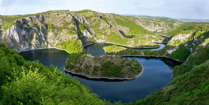 Meanders of the Uvac River in Serbia. Uvac River meandering through the mountains.