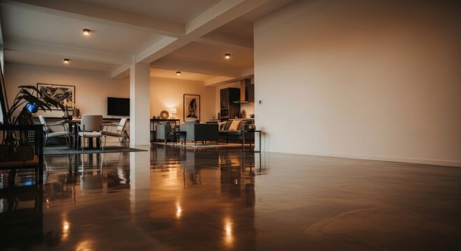 Modern loft interior with polished concrete floor reflecting ambient ceiling lights and contemporary furniture, offering ample copy space.