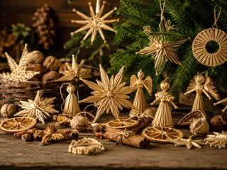 Naklejka premium Ungarische Strohsterne zu Weihnachten – Handgemachter Christbaumschmuck mit Engeln, Nüssen, Zimt und Tannengrün.