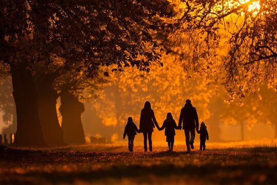 Family silhouette walking hand-in-hand through autumn park toward warm sunset light, evoking togetherness, love, serenity, seasonal beauty, and peaceful outdoor moments in nature.